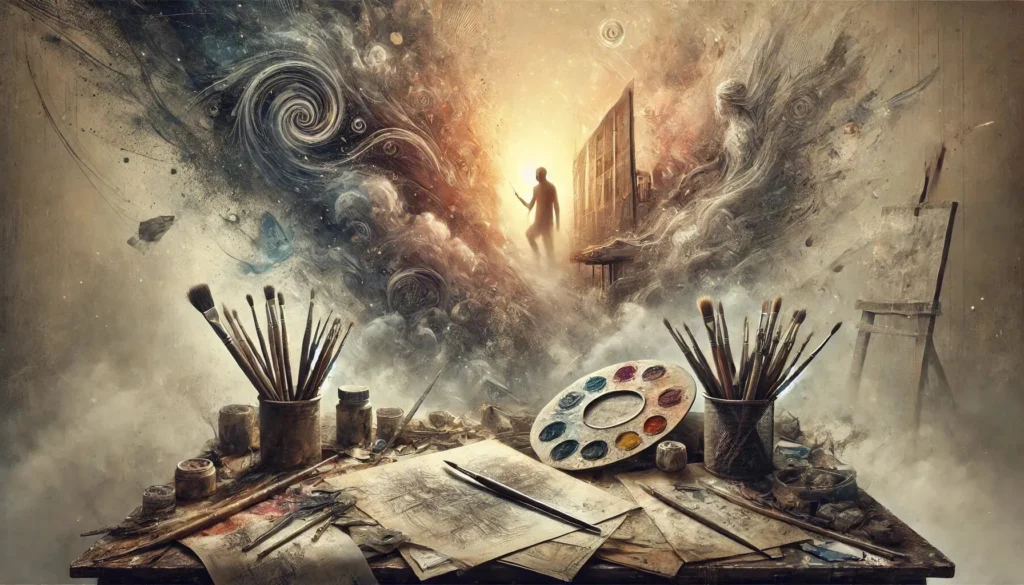 Ilustración surrealista de un escritorio desordenado con pinceles y colores apagados, representando la lucha contra la falta de inspiración con una figura etérea buscando ideas